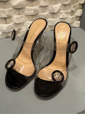 Gianvito Rossi Black Patent & Clear PVC Slide Heels